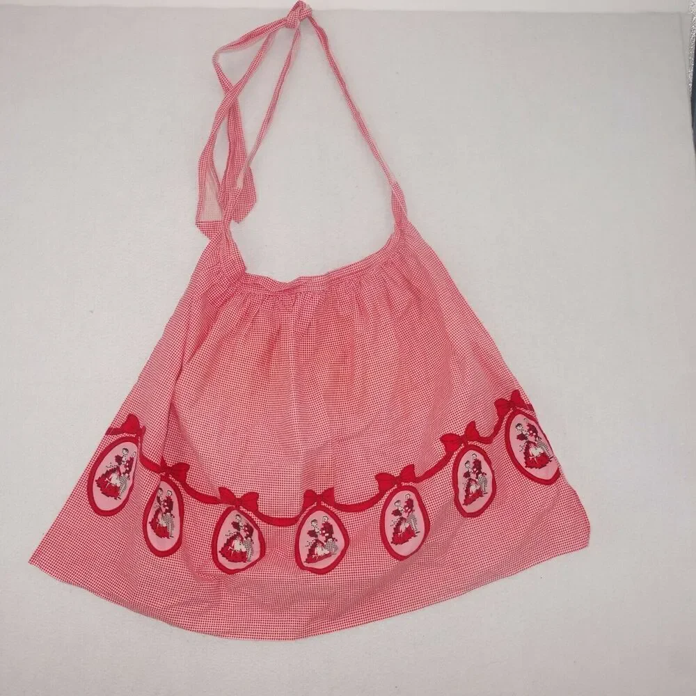 Vintage Embroidered Red White Gingham Half Skirt Apron Plaid